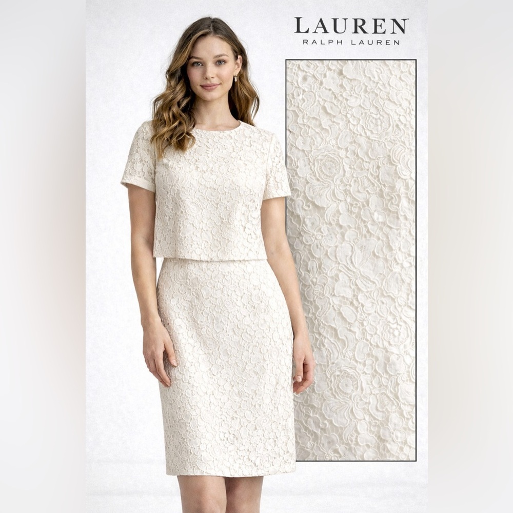 Lauren Ralph Lauren Ivory Lace Overlay Dress Size 8 Wedding Guest Bridal